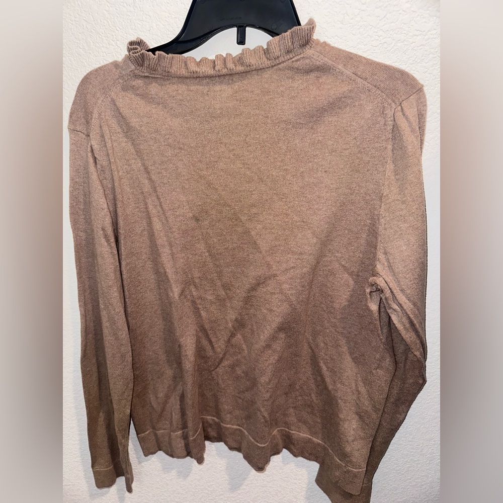 J. Crew Brown Ruffle Crewneck Casual Tan Long Sleeve Sweater - Picture 3 of 3